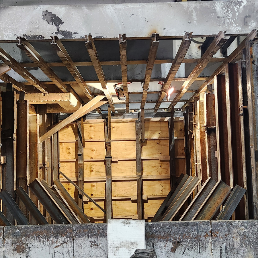The inside of a furnace mid-build